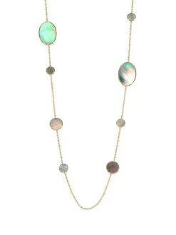 Polished Rock Candy 18K Yellow Gold & Black Shell Circle Oval Station Necklace