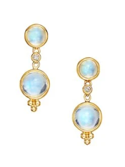 Royal Blue Moonstone, Diamond & 18K Yellow Gold Double-Drop Earrings